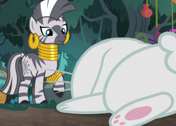 Size: 1214x870 | Tagged: safe, screencap, angel bunny, fluttershy, zecora, rabbit, zebra, g4, she talks to angel, animal, basket, duo, ear piercing, earring, female, fluttershy in angel's body, jewelry, male, mare, neck rings, paw pads, paws, piercing, raised hoof, underpaw