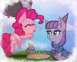 Size: 1080x873 | Tagged: safe, artist:spurlockml75, boulder (g4), maud pie, pinkie pie, earth pony, pony, g4, balloon, candle, clothes, cute, diapinkes, duo, eyes closed, female, floating, flying, food, hat, mare, maudabetes, party hat, party horn, pet rock, pizza, plate, siblings, sisters, smiling, then watch her balloons lift her up to the sky, when she smiles
