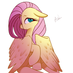 Size: 1920x1920 | Tagged: safe, artist:mutekiki, fluttershy, pegasus, pony, g4, cute, female, floppy ears, looking at you, mare, profile, raised hoof, shyabetes, signature, simple background, sitting, solo, stray strand, transparent background, turned head