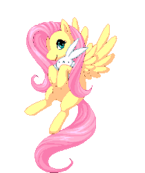 Size: 306x365 | Tagged: safe, artist:littleshrub, fluttershy, pegasus, pony, rabbit, g4, animal, animated, blinking, cute, eyes closed, female, holding, looking at you, mare, pixel art, shyabetes, simple background, smiling, solo, spread wings, transparent background, wings