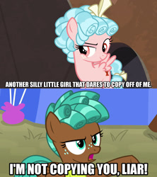 Size: 1280x1440 | Tagged: safe, edit, edited screencap, screencap, cozy glow, spur, pegasus, pony, frenemies (episode), g4, growing up is hard to do, bow, caption, cozy spur, female, filly, freckles, image macro, meme, text