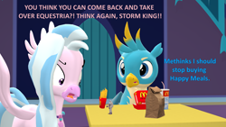Size: 1920x1080 | Tagged: safe, artist:red4567, gallus, silverstream, storm king, ape, griffon, hippogriff, g4, my little pony: the movie, 3d, angry, atg 2020, burger, drink, food, french fries, happy meal, implied storm king, mcdonald's, mcdonald's happy meal toys, newbie artist training grounds, source filmmaker, spread wings, toy, wings, yelling, yelling at a toy