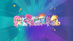 Size: 2560x1440 | Tagged: safe, applejack, fluttershy, pinkie pie, rainbow dash, rarity, twilight sparkle, alicorn, earth pony, pegasus, pony, unicorn, g4.5, my little pony: pony life, official, hasbro, mane six, my little pony logo, stars, twilight sparkle (alicorn), youtube banner