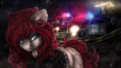 Size: 1237x704 | Tagged: safe, artist:raychelrage, oc, earth pony, pony, car, city, lightning, police car, police tape, rain