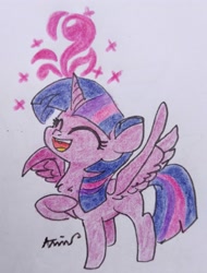 Size: 2799x3674 | Tagged: safe, artist:c.a.m.e.l.l.i.a, twilight sparkle, alicorn, pony, g4, cute, eyes closed, female, high res, hoof on chest, magic, open mouth, simple background, solo, spread wings, traditional art, twiabetes, twilight sparkle (alicorn), wings