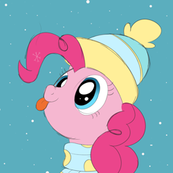 Size: 2000x2000 | Tagged: safe, artist:nitei, pinkie pie, earth pony, pony, g4, :p, atg 2020, clothes, cute, diapinkes, female, hat, high res, mare, newbie artist training grounds, scarf, snow, snowfall, solo, tongue out, winter, winter outfit