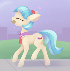 Size: 1300x1328 | Tagged: safe, artist:dusthiel, coco pommel, earth pony, pony, g4, cocobetes, cute, eyes closed, female, mare, mouth hold, newbie artist training grounds, petal, profile, solo, spool, thread