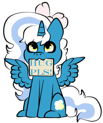 Size: 1024x1231 | Tagged: safe, artist:sofiaprost, oc, oc:fleurbelle, alicorn, pony, adorabelle, alicorn oc, bow, cute, female, hair bow, horn, hug request, looking at you, looking up, mare, mouth hold, sign, simple background, transparent background, wingding eyes, wings, yellow eyes