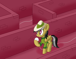 Size: 1920x1500 | Tagged: safe, artist:notadeliciouspotato, daring do, pegasus, pony, g4, ariadne's thread, atg 2020, clothes, female, folded wings, frown, hat, hoof hold, labyrinth, looking up, mare, maze, newbie artist training grounds, raised hoof, solo, wings, yarn