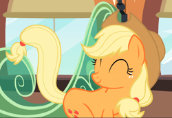 Size: 1366x939 | Tagged: safe, screencap, applejack, earth pony, pony, g4, just for sidekicks, cropped, cute, eyes closed, female, friendship express, jackabetes, mare, raised tail, smiling, solo, tail