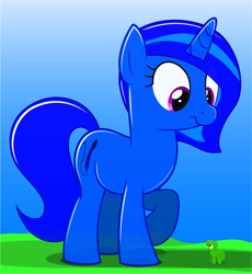 Size: 5546x6032 | Tagged: safe, oc, oc only, oc:blue vector, oc:flubber, earth pony, goo, goo pony, inflatable pony, original species, pony, unicorn, balueoon, blue unicorn, blueflation, giant pony, giant unicorn, inflatable, macro, simple background, size difference, three quarter view
