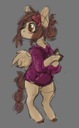 Size: 311x504 | Tagged: safe, artist:purple-blep, oc, oc only, oc:paradise skies, pegasus, pony, semi-anthro, arm hooves, clothes, cute, gray background, looking offscreen, messy mane, simple background, solo, standing up, sweater