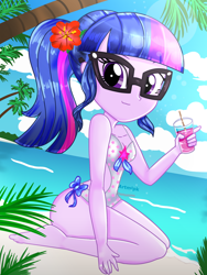 Size: 1800x2400 | Tagged: safe, artist:artmlpk, sci-twi, twilight sparkle, equestria girls, g4, adorable face, adorasexy, adorkable, alternate hairstyle, barefoot, beach, beautiful, clothes, cute, digital art, dork, feet, female, flower, flower in hair, looking at you, one-piece swimsuit, palm tree, plant, ponytail, sexy, sitting, sleeveless, smiling, smiling at you, smoothie, solo, swimsuit, tree, twiabetes, water, watermark