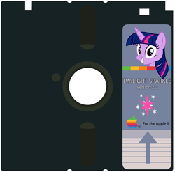 Size: 2163x2135 | Tagged: safe, artist:badumsquish, derpibooru exclusive, twilight sparkle, alicorn, pony, g4, apple ii, cutie mark, disk, female, floppy disk, grin, high res, logo, looking at you, mare, pun, smiling, twiggy disk, twilight sparkle (alicorn), visual pun