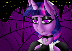 Size: 3541x2508 | Tagged: safe, artist:flaxen's art corner, twilight sparkle, alicorn, pony, spider, g4, angry, dark, glowing eyes, goth, gothic, high res, spider web, twilight sparkle (alicorn), yellow eyes