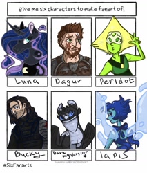 Size: 879x1032 | Tagged: safe, artist:olimpia_ash_dragon, princess luna, alicorn, dragon, gem (race), human, pony, g4, artificial wings, augmented, bucky barnes, bust, clothes, crossover, dagur the deranged, ethereal mane, eye scar, female, gem, how to train your dragon, hydrokinesis, jewelry, lapis lazuli, lapis lazuli (steven universe), looking back, magic, magic wings, male, mare, marvel, peridot, peridot (steven universe), peytral, scar, six fanarts, starry mane, steven universe, tiara, water, watery wings, wings, winter soldier