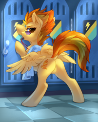 Size: 1200x1494 | Tagged: safe, artist:tomatocoup, spitfire, pegasus, pony, bipedal, bipedal leaning, blowing whistle, butt, dock, ear fluff, featureless crotch, female, firebutt, leaning, locker room, looking at you, looking back, looking back at you, mare, plot, rear view, sexy, solo, stupid sexy spitfire, sunglasses, that pony sure does love whistles, towel, whistle, whistle necklace