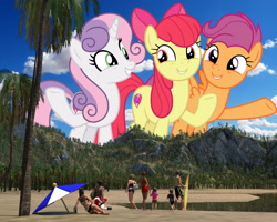 Size: 2600x2080 | Tagged: safe, artist:theotterpony, artist:timeymarey007, apple bloom, scootaloo, sweetie belle, earth pony, human, pegasus, pony, unicorn, g4, growing up is hard to do, season 9, 3d, adorabloom, beach, clothes, cute, cutealoo, cutie mark, cutie mark crusaders, daz studio, diasweetes, giant pony, giant/macro cutie mark crusaders, high res, macro, ocean, older, older apple bloom, older cmc, older scootaloo, older sweetie belle, people, sand, smiling, story in the source, story included, swimsuit, the cmc's cutie marks