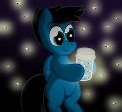 Size: 7200x6600 | Tagged: safe, artist:agkandphotomaker2000, oc, oc only, oc:pony video maker, firefly (insect), insect, pegasus, pony, bipedal, jar, light, male, simple background, solo