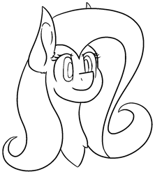 Size: 965x1087 | Tagged: safe, artist:skylarpalette, fluttershy, pegasus, pony, g4, big ears, black and white, bust, chest fluff, female, grayscale, happy, long mane, mare, monochrome, outline, simple background, sketch, solo, three quarter view, transparent background, white outline