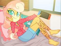 Size: 1184x884 | Tagged: safe, alternate version, artist:virumi, oc, oc only, oc:pina colada (ice1517), icey-verse, equestria girls, g4, barefoot, bed, bedroom, blanket, blouse, clothes, commission, controller, equestria girls-ified, feet, female, joycon, leg warmers, magical lesbian spawn, nintendo, nintendo switch, offspring, parent:applejack, parent:strawberry sunrise, parents:applerise, pillow, shirt, shorts, solo, window, ych result