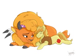 Size: 1280x931 | Tagged: safe, artist:rutkotka, braeburn, little strongheart, buffalo, earth pony, pony, braeheart, clothes, cloven hooves, couple, cute, eyes closed, female, interspecies, lying down, male, older, older little strongheart, prone, shipping, simple background, smiling, snuggling, stallion, straight, vest, white background