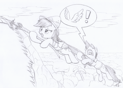 Size: 3430x2440 | Tagged: safe, artist:xeviousgreenii, daring do, quibble pants, earth pony, pegasus, pony, g4, high res, monochrome, newbie artist training grounds, rope, scare, speech bubble, sweat, sweatdrop, wings