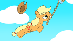 Size: 1920x1080 | Tagged: safe, artist:spritepony, applejack, rainbow dash, earth pony, pony, g4, applejack's hat, cowboy hat, flying, frustrated, hat, mouth hold, newbie artist training grounds, offscreen character, rope