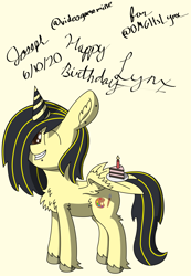 Size: 2121x3065 | Tagged: safe, artist:solder point, oc, oc only, oc:lynx, pegasus, pony, birthday, cake, candle, cel shading, chest fluff, digital art, ear fluff, food, happy, happy birthday, hat, high res, hoof fluff, party hat, piercing, shading, signature, simple background, smiling, solo, standing, wing hands, wings