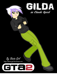Size: 2563x3335 | Tagged: safe, artist:shinta-girl, part of a set, gilda, equestria girls, g4, aiming, black background, claude speed, clothes, commission, cosplay, costume, crossover, digital art, equestria girls-ified, female, full body, grand theft auto, gta 2, gun, handgun, happy, high res, human coloration, jacket, leaning, leg in air, lifted leg, lifting leg, lipstick, looking at you, makeup, older, older gilda, one leg raised, outfit, pants, parody, pistol, pocket, pointing, radical-gilda, raised leg, reference, shirt, shoes, signature, simple background, smiling, smiling at you, solo, standing, standing on one leg, t-shirt, trigger discipline, video game, video game crossover, video game reference, weapon, yellow eyes