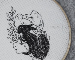 Size: 1250x1000 | Tagged: safe, artist:ipoloarts, oc, oc only, oc:skiu, pegasus, pony, black and white, bust, commission, cross stitch, crossstitching, crying, embroidery, finished commission, grayscale, handmade, monochrome, needlework, portrait, sad, solo, ych example, ych result
