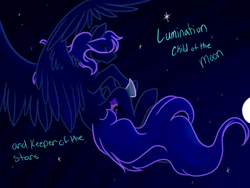 Size: 1024x768 | Tagged: safe, artist:korria1234, oc, oc only, oc:lumination, pegasus, pony, female, flying, mare, night, not luna, offspring, solo, spread wings, wings