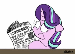 Size: 1024x735 | Tagged: safe, artist:bobthedalek, firelight, starlight glimmer, pony, unicorn, g4, atg 2020, embarrassed, fathers gonna father, female, frown, grimace, headline, implied firelight, mare, misspelling, newbie artist training grounds, newspaper, shrunken pupils, simple background, solo, starlight glimmer is not amused, text, unamused, white background