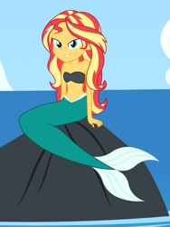Size: 1536x2048 | Tagged: safe, artist:draymanor57, sunset shimmer, mermaid, equestria girls, g4, bare shoulders, fish tail, mermaid tail, mermaidized, not fiery shimmer, sleeveless, species swap, strapless, tail
