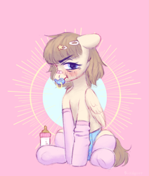 Size: 2387x2815 | Tagged: safe, artist:bloodymrr, oc, oc only, oc:belle noir, pegasus, pony, rcf community, abdl, ageplay, baby, baby bottle, bandage, blushing, clothes, diaper, digital art, high res, pacifier, socks, solo