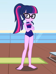 Size: 1532x2048 | Tagged: safe, artist:draymanor57, sci-twi, twilight sparkle, equestria girls, g4, barefoot, clothes, feet, female, one-piece swimsuit, sandals, sci-twi swimsuit, sleeveless, solo, swimsuit