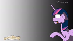 Size: 1536x864 | Tagged: safe, artist:soccy, twilight sparkle, alicorn, pony, g4, atg 2020, fear, female, food, newbie artist training grounds, quesadilla, raised hoof, simple background, solo, sweat, terrified, they're just so cheesy, turophobia, twilight sparkle (alicorn)