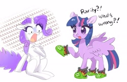 Size: 1920x1244 | Tagged: safe, artist:kaikururu, rarity, twilight sparkle, alicorn, pony, unicorn, g4, aaaaaaaaaa, atg 2020, chest fluff, clothes, crime against fashion, crocs, dialogue, duo, duo female, fashion disaster, fear, female, mare, marshmelodrama, newbie artist training grounds, rarity being rarity, screaming, simple background, sitting, slippers, socks, twilight crockle, twilight sparkle (alicorn), white background
