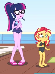 Size: 1536x2048 | Tagged: safe, artist:draymanor57, sci-twi, sunset shimmer, twilight sparkle, human, equestria girls, g4, age regression, barefoot, clothes, feet, female, glasses, one-piece swimsuit, ponytail, sandals, sleeveless, swimsuit, young, young sunset, younger