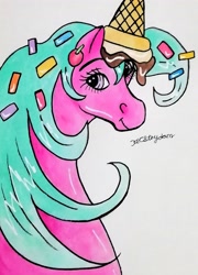 Size: 2711x3766 | Tagged: safe, artist:pinkberryprincess, oc, oc only, pony, unicorn, bust, food, high res, horn, ice cream, ice cream cone, ice cream horn, signature, smiling, solo, traditional art, unicorn oc