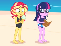Size: 2048x1536 | Tagged: safe, artist:draymanor57, sci-twi, sunset shimmer, twilight sparkle, equestria girls, g4, age regression, barefoot, beach, book, clothes, cute, feet, female, food, glasses, ice cream, ice cream cone, one-piece swimsuit, shimmerbetes, swimsuit, twiabetes, young, young sci-twi, young sunset, younger