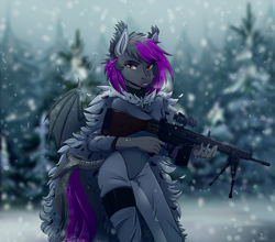 Size: 3365x2962 | Tagged: safe, artist:1an1, oc, oc only, oc:lucid rose, bat pony, anthro, bat pony oc, bat wings, clothes, female, forest, gun, h&k g3, high res, rifle, snow, snowfall, solo, weapon, wings