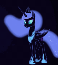 Size: 646x726 | Tagged: safe, artist:anima-dos, artist:duo cartoonist, artist:lionheartcartoon, editor:childofthenight, nightmare moon, princess luna, alicorn, bat pony, pony, the moon rises, g4, animated, annoyed, aside glance, bat wings, black background, blinking, cropped, crown, cute, ethereal mane, eyeshadow, female, frown, gif, glare, gradient background, hoof shoes, jewelry, looking at you, looking down, loop, makeup, mare, moonabetes, perfect loop, peytral, regalia, simple background, slit pupils, solo, starry mane, unamused, wings, youtube link