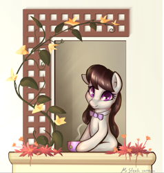 Size: 2767x2911 | Tagged: safe, artist:mrstrats, octavia melody, earth pony, pony, g4, cottagecore, cute, female, flower, high res, mare, smiling, solo, tavibetes, tea, vine, window