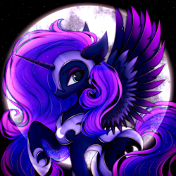 Size: 3000x3000 | Tagged: safe, artist:mite-lime, princess luna, alicorn, pony, g4, armor, colored wings, ear fluff, ethereal mane, female, full moon, gradient wings, high res, looking back, mare, moon, night, night sky, profile, raised hoof, sky, solo, spread wings, starry mane, starry night, starry tail, two toned wings, wings