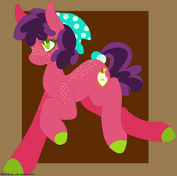 Size: 1280x1273 | Tagged: safe, artist:jackie-sheepwitch, oc, oc only, earth pony, pony, abstract background, bandana, colored hooves, earth pony oc, female, freckles, mare, offspring, parent:big macintosh, parent:sugar belle, parents:sugarmac, solo, tail wrap