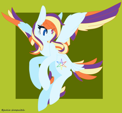 Size: 1280x1193 | Tagged: safe, artist:jackie-sheepwitch, oc, oc only, oc:rainbow nova, pegasus, pony, abstract background, eyelashes, female, heterochromia, magical lesbian spawn, mare, offspring, parent:rainbow dash, parent:rarity, parents:raridash, pegasus oc, rearing, solo, wings