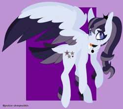 Size: 1280x1137 | Tagged: safe, artist:jackie-sheepwitch, oc, oc only, oc:stella star, pegasus, pony, abstract background, female, jewelry, magical lesbian spawn, mare, necklace, offspring, parent:coloratura, parent:inky rose, pegasus oc, solo, tail feathers, wings