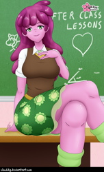 Size: 727x1196 | Tagged: safe, artist:clouddg, cheerilee, equestria girls, g4, breasts, busty cheerilee, chalkboard, classroom, crossed legs, female, legs, looking at you, multiple variants, school, sitting, solo