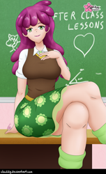 Size: 727x1196 | Tagged: safe, alternate version, artist:clouddg, cheerilee, human, equestria girls, g4, breasts, busty cheerilee, classroom, clothes, crossed legs, female, human coloration, legs, multiple variants, skirt, solo, thighs